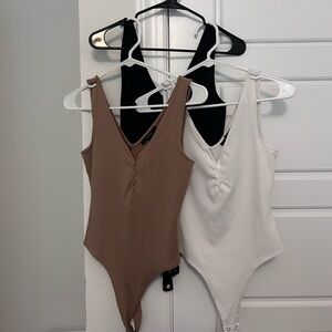 Set of 3 (Ribbed V-Neck Bodysuit Trio - Black, Taupe, Ivory)